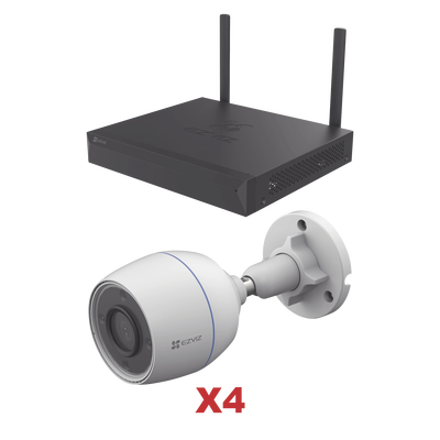 Kit de cámaras Wi-Fi / Incluye 1 NVR 4 canales / 4 Cámaras Bala 2 Megapixel / Para Uso en Exterior IP67 / Vision Nocturna a Color
